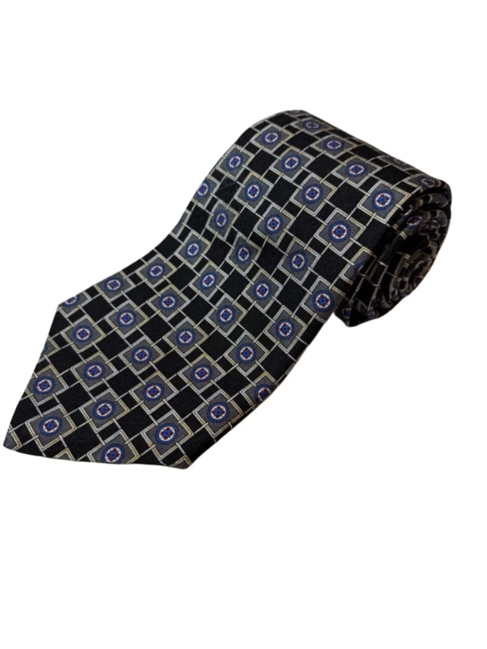 Oscar de la Renta Silk Tie Geometric Medallion Black Blue Gold Classic USA